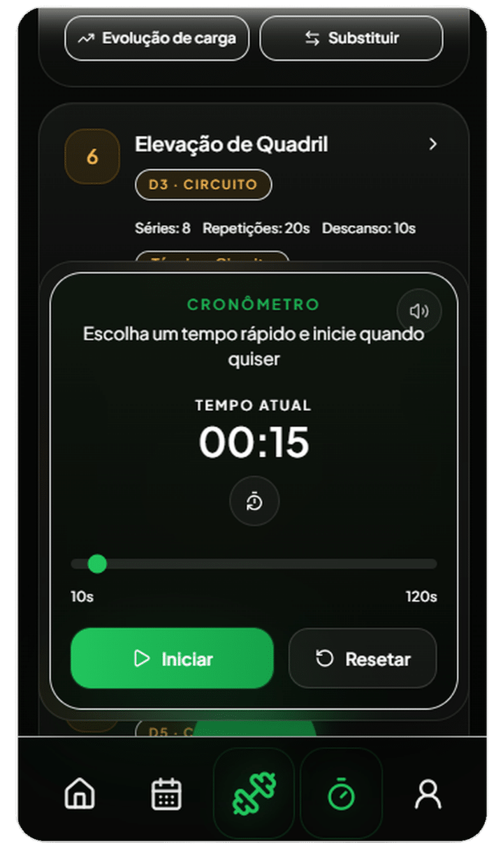 Cronômetro de descanso e controle de carga no Hora do Treino
